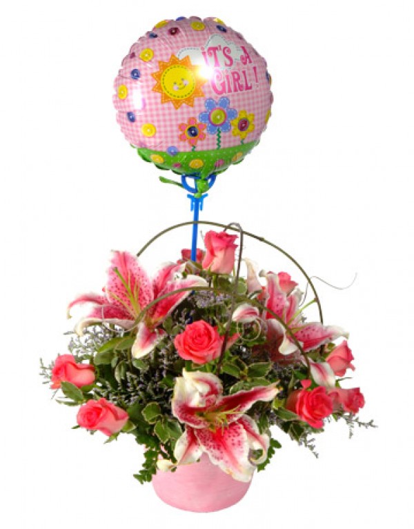 Pink Flowers for a Baby Girl with a Balloon Durban Florist
