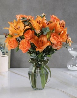 Orange Lilies & Roses in a Vase