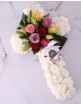 White funeral cross with mixed roses